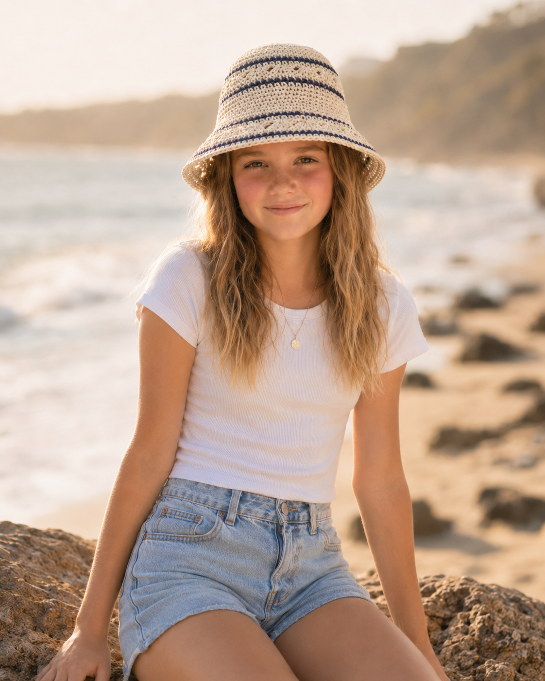 Beige & Blue Striped Bucket Hat